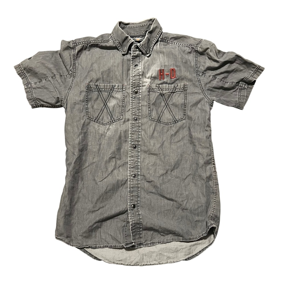 VTG Harley Davidson Mens Gray Short Sleeve Pearl Snap Button Up Shirt Cancun‎ S